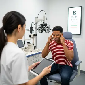 A woman wearing a white lab coat is holding a tablet while talking to a man sitting in an optometrist's chair, the man has his hand on his head, and there is an eye chart behind him.