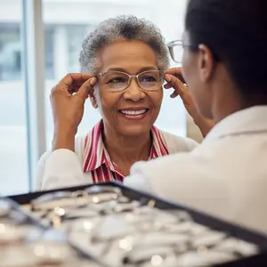 An older woman tries on a pair of glasses while being assisted by a female optician.