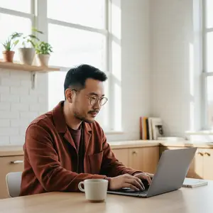 Man sitting at a desk working on a laptop with a cup next to him