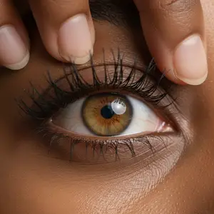 Close-up of a woman's eye with long eyelashes and a brown iris, her hand gently touching her eyebrow.