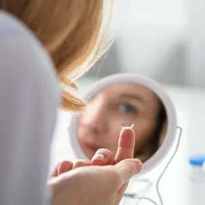 Woman wearing glasses and inserting a contact lens into her eye while looking in a mirror