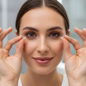 A woman is smiling and holding contact lenses in her hands