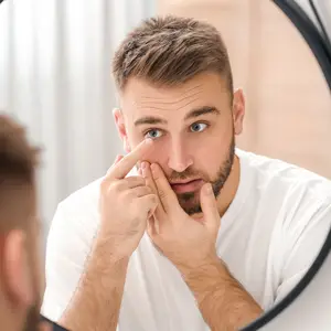 Man looking at his eye in a mirror