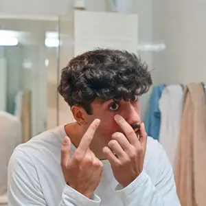 A man looking at his face in the mirror with his hands on his cheeks
