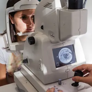 A woman with long hair is using a slit lamp in an ophthalmology clinic to examine her eyes.