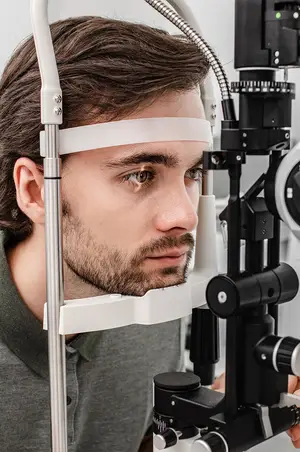 A man is examining his eyes using a medical device.