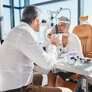 An older man is examining an older woman's eyes with an ophthalmoscope
