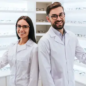 Two people standing in front of a display of glasses in a store