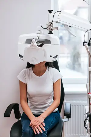 A woman is sitting on a chair while having her eyes examined by an optometrist wearing a white device on her head.