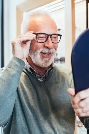 A man is smiling while holding a pair of glasses in his hands and looking at a blue object.