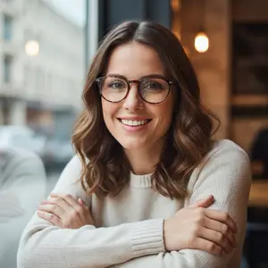 A woman with glasses and a white sweater smiling