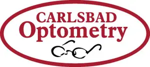 Carlsbad Optometry logo features a red oval with 'Carlsbad Optometry' in red cursive font and a black pair of glasses.