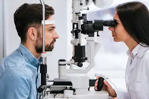 A man undergoing an eye exam by a woman eye doctor