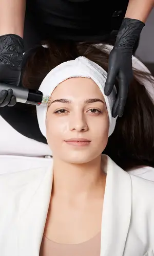 A woman is lying on a bed getting her eyebrows groomed by a person wearing gloves.