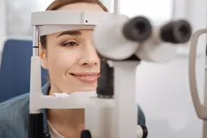 Close up of a woman with glasses looking into an eye exam machine