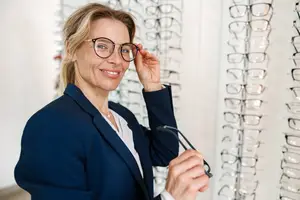 Woman adjusting glasses in front of a wall of frames