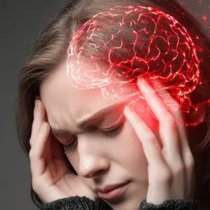 A woman holding her head in pain with her eyes closed and a red light illuminating her brain