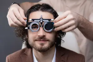 Man getting his eyes examined by a doctor with a phoropter