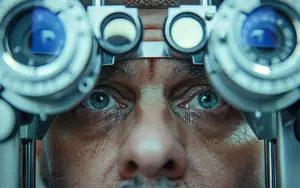 A close up of a man's face with an eye exam machine