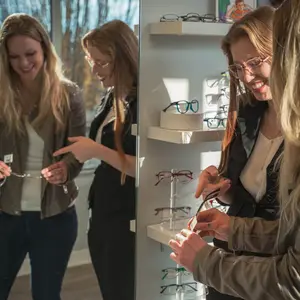 Four women standing in front of a mirror in a store with glasses on display in the background.