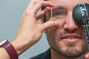 A man is adjusting his eyeglass lens with a tape measure on the side