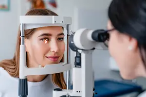 A woman undergoing an eye examination with a professional optometrist, using specialized equipment to assess her vision.
