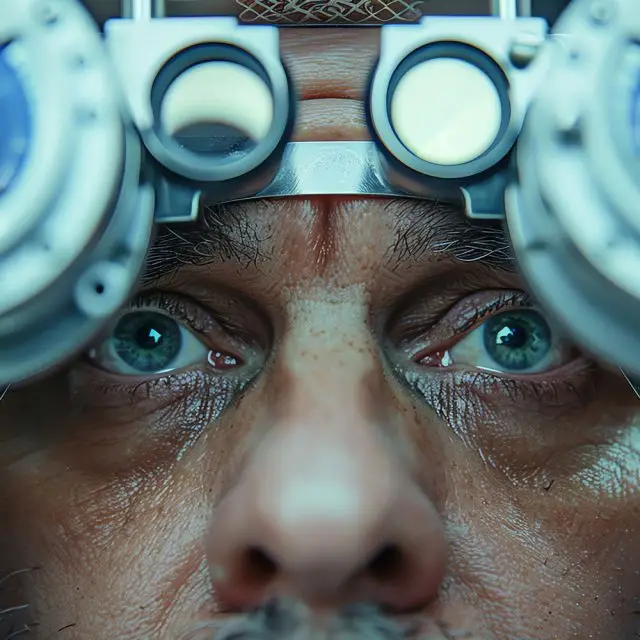 Eyes of a man with ophthalmoscope on his head, looking straight ahead.