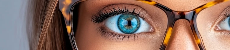 Close-up of a blue eye with tortoiseshell glasses