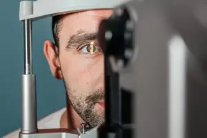 A man undergoing an eye examination using an ophthalmoscope