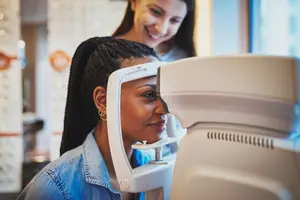 A woman is having her eye checked by an optometrist using an eye exam machine