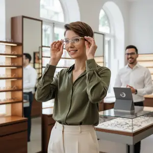 woman trying on glasses in a store