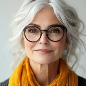 portrait of a smiling senior woman wearing glasses and a yellow scarf