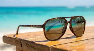 A pair of Maui Jim sunglasses with tortoise shell frames and brown lenses are sitting on a wooden table by the beach, reflecting the tropical surroundings.