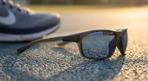 A pair of Nike sunglasses lying on the ground next to a Nike shoe