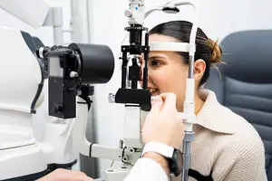 woman having her eyes examined by a doctor in a clinic
