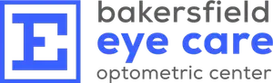 Bakersfield Eye Care Optometric Center logo with blue E and black border
