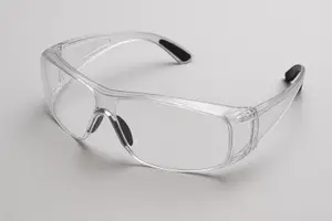 Clear safety glasses with black frames against a white background