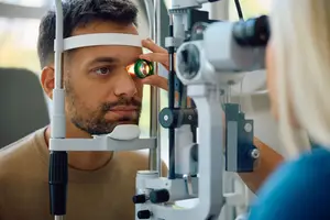 A man getting his eyes examined by a female doctor in a medical setting.