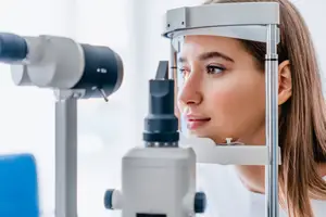 A woman with long brown hair is having her eye checked with a machine in a room
