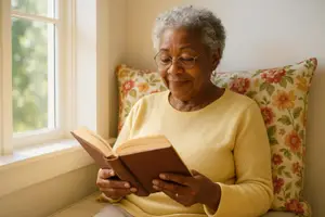 An elderly woman wearing glasses and a yellow sweater is sitting on a couch and reading a book.