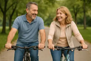 A man and a woman are riding bicycles together in a park.