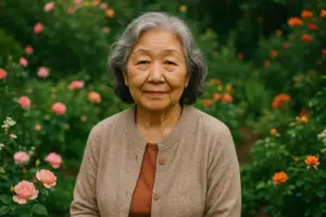 An older woman with gray hair is standing in a garden filled with various flowers, smiling at the camera.
