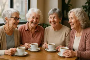 A group of four women smiling and sitting around a wooden table with coffee cups in front of them.