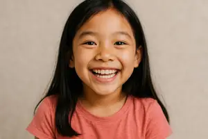 A young girl with black hair is smiling and showing her teeth while wearing a pink shirt. She is looking to the right and has a happy expression on her face.
