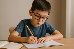 A young boy wearing glasses is writing in a notebook with a pencil.