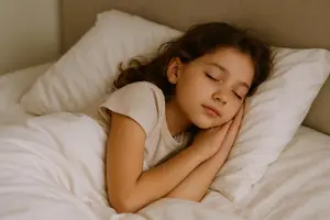 A young girl with brown hair is sleeping on a bed with white sheets and pillows, resting her head on her hand.