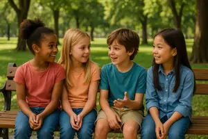 Four children sitting on a wooden bench in a park, smiling and looking at each other.
