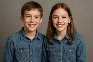 Portrait of a smiling boy and girl wearing denim shirts standing close together.
