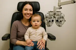 A woman and a baby are sitting in a chair in front of an eye exam machine.