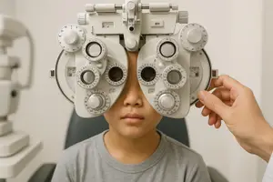 A child is having an eye exam at an optometrist's office.